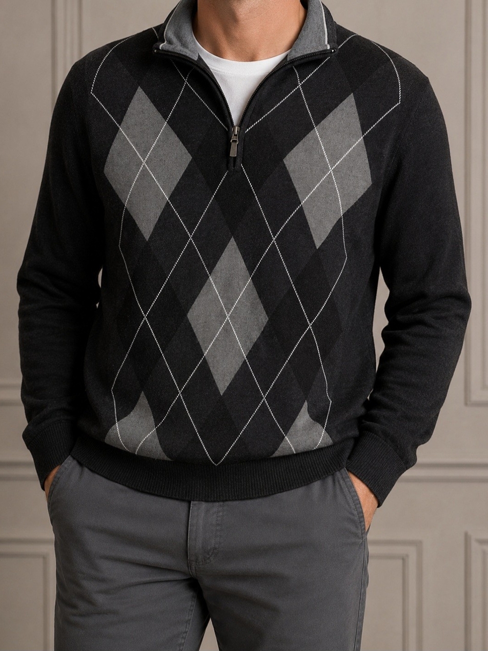 Method Men's Argyle Quarter Zip Sweater